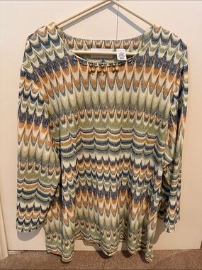 Alfred Dunner Women's Long Sleeve Patterned Knit Top in Olive and Rust